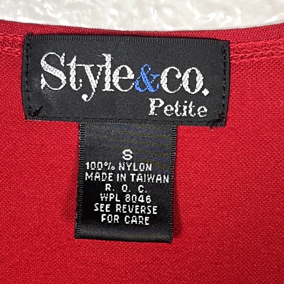 Style & Co Sz PS V-Neck Blouse Red 3/4 Sleeves Semi-Sheer Ruffles at Wrist - Picture 6 of 10